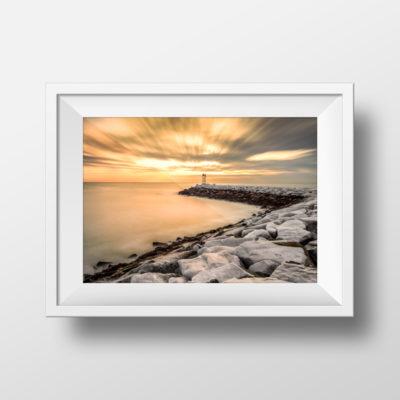 scituate_lighthouse_sunrise_over_cliff_rocks_framed_white_wall_art